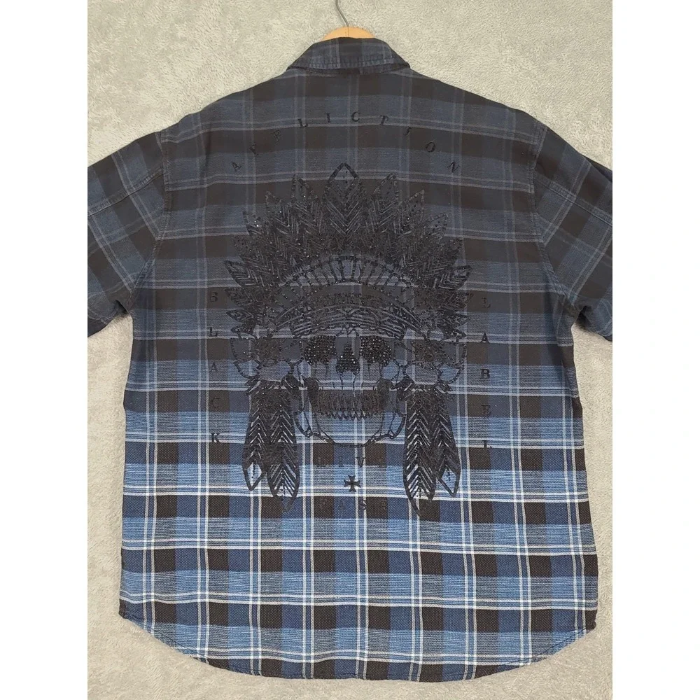 VTG Affiliation Mens Button Up Shirt Black Label Long Sleeve Plaid‎ Blue 2XL